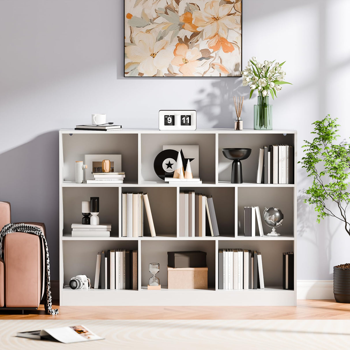 Cozy Castle White Bookshelf, 3-Tier Open Shelf Bookcase, 10 Cube Storage Organizer with Anti-Tilt Device, Freestanding Horizontal Bookshelf Cube Shelf for Bedroom, Living Room Cozy Castle