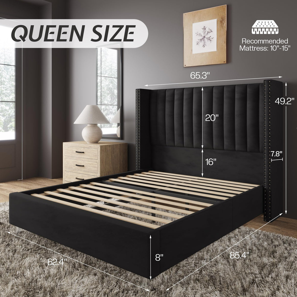 Jocisland Queen Size Upholstered Platform Bed Frame with Tall Wingback Headboard, Velvet Modern Luxury Design, No Box Spring Needed, Easy Assembly, Black Jocisland