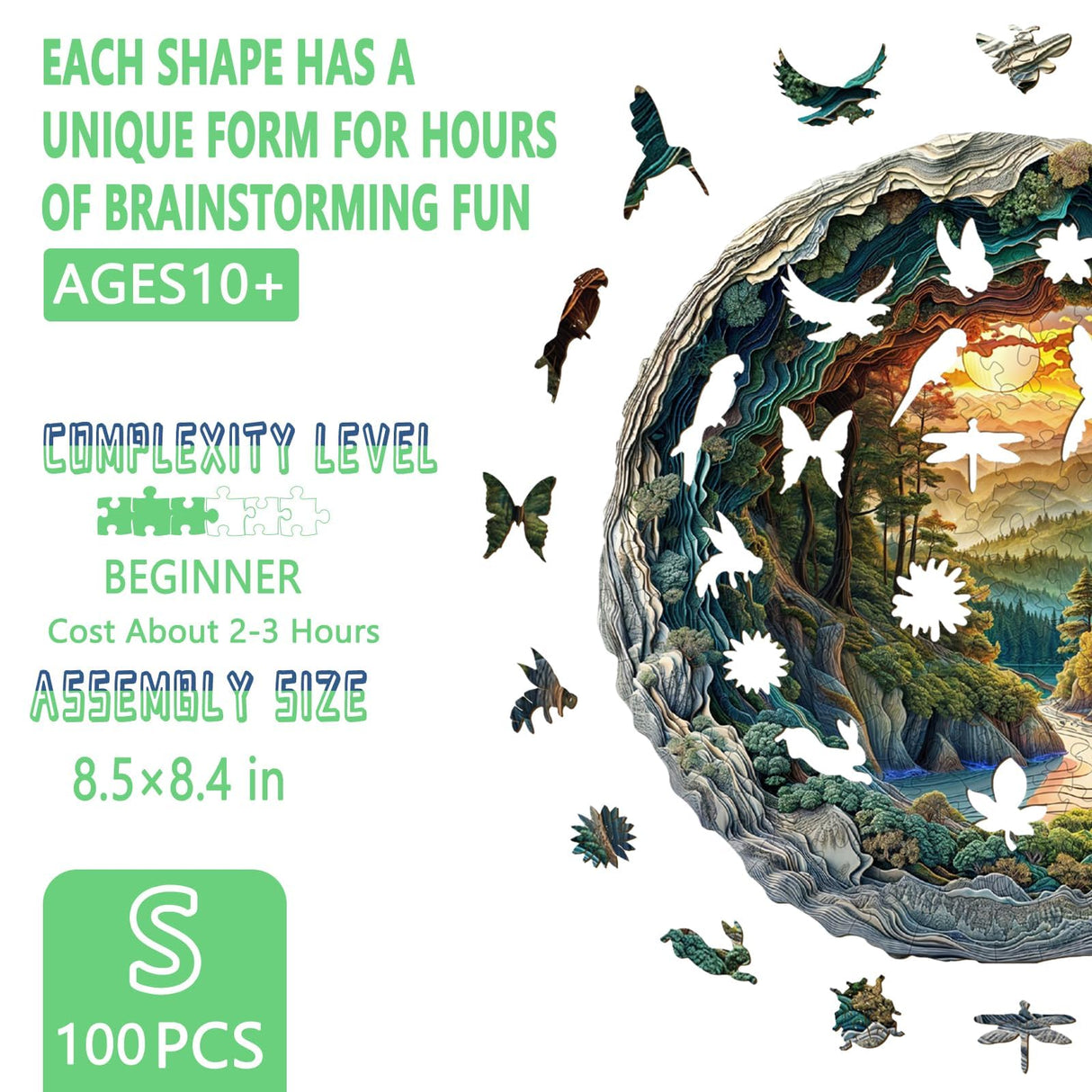 Wooden Puzzles for Adults, 3D Vision Effects Cave Forest Wooden Jigsaw Puzzles for Adults, Unique Shape, Hill Sunset Forest Trail Landscape Wood Puzzles Adult, Home Decor (S-8.5 * 8.4in-100 pcs) Pijesaksa