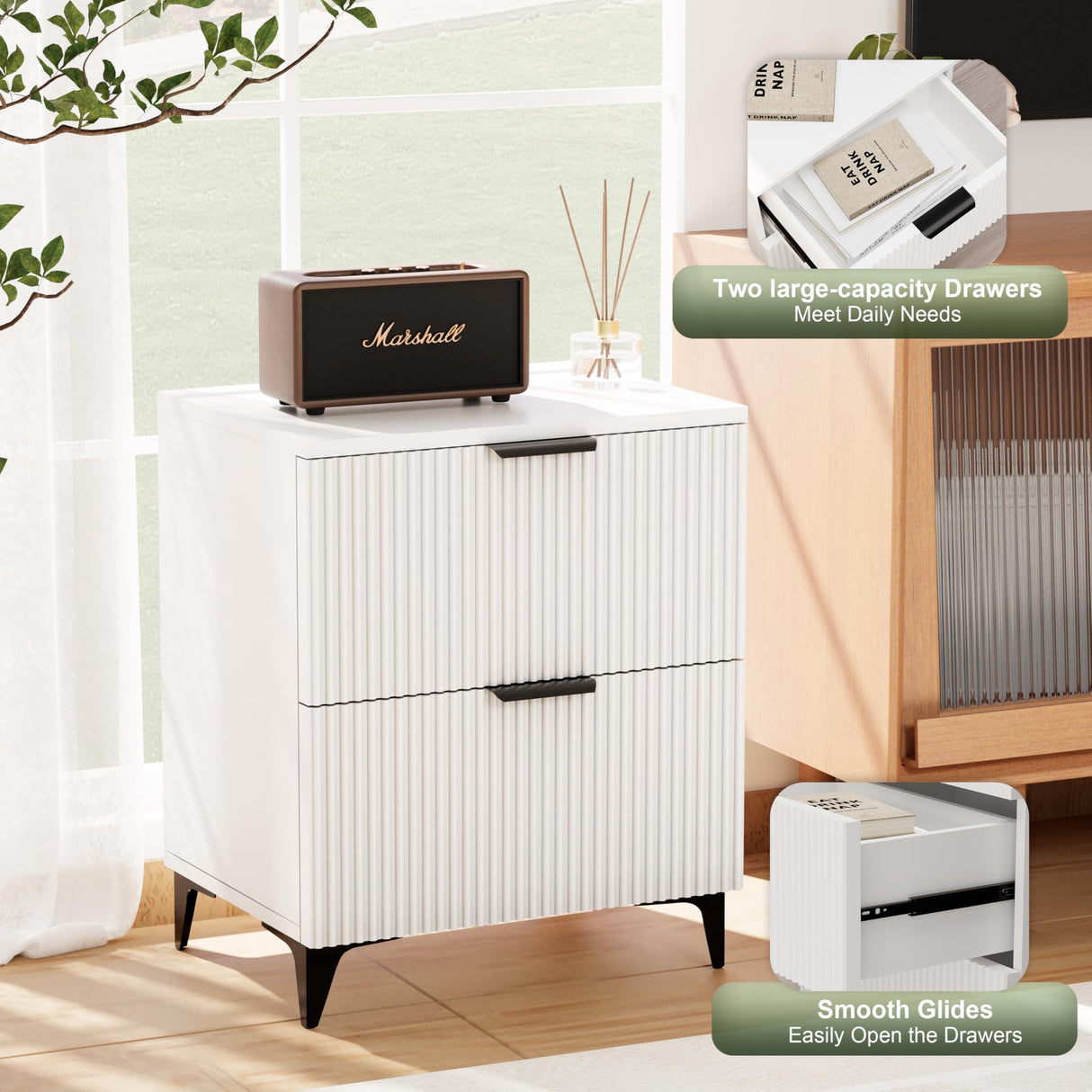 Royal Windsor Fluted Nightstand Set of 2 with 2 Drawers, Side End Table, Small Accent Storage Cabinet,Modern Night Stand Bedside Table for Bedroom,White Royal Windsor