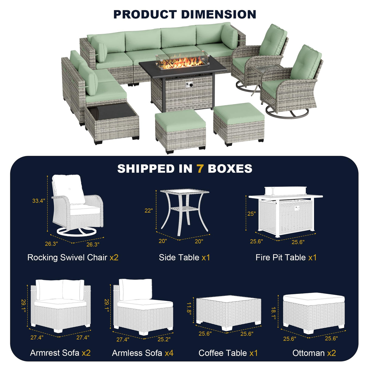 Muphyers 13-Piece Outdoor Patio Furniture Set with Rocking Swivel Chair, Wicker Rattan Sectional Sofa Conversation Set with 55,000 BTU Fire Pit Table with Ottomans, Backyard Furniture, Light Green Muphyers