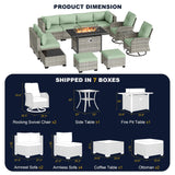 Muphyers 13-Piece Outdoor Patio Furniture Set with Rocking Swivel Chair, Wicker Rattan Sectional Sofa Conversation Set with 55,000 BTU Fire Pit Table with Ottomans, Backyard Furniture, Light Green Muphyers