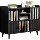 IRONCK Short Bookshelf with Cabinet, Short Bookcase with Doors, Low Bookcases with Charging Station, 2 Shelf Bookcase for Living Room, Office, Black IRONCK