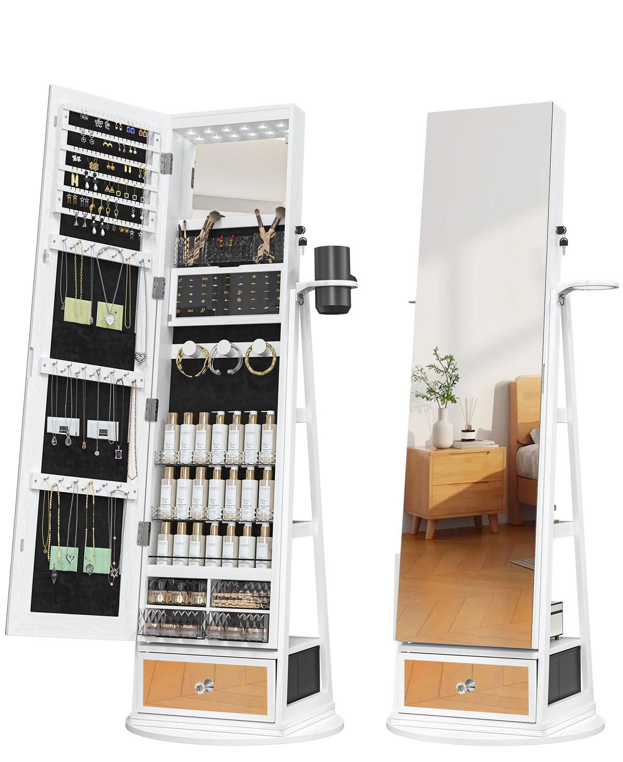 TJYGO 360° Swivel Jewelry Cabinet with Mirror, 6 LED Lights, Rotatable Full Length Mirror with Jewelry Storage Shelf, Standing Jewelry Armoire Organizer, Foldable Makeup Shelf TJYGO