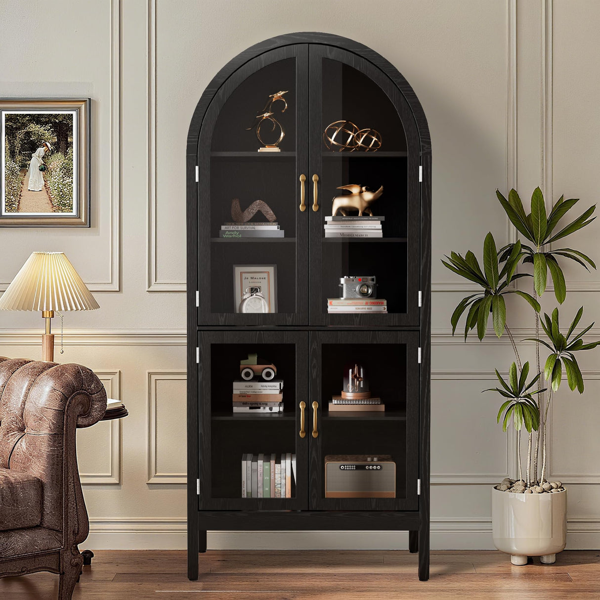 70.9'' Tall Arched Display Cabinet with Acrylic Glass Doors, Modern 5-Tier Arched Bookcase, Kitchen Pantry Storage Cabinet Curio Cabinets for Living Dining Room (Black, 31.5‘’W) Lxsxlome