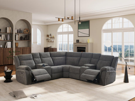Power Reclining Sectional Sofa Set, Premium Fabric Recliner Couch with USB Port/Console Storage/Cup Holders Home Theater Sectional Sofa Set Secsofier