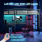 XUWANSHANG Loft Bed Twin XL Size with Desk, Metal Heavy Duty Loft Bed with LED Lights, USB Port, Twin XL Loft Bed Frames for Kids, Junior, Adults, Space Saving, Noise Free (Black, Twin XL) XUWANSHANG