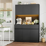 FINETONES 71" Tall Pantry Cabinet with Power Outlets and Led Lights, Large Kitchen Hutch Storage with Microwave Stand, Black Pantry Kitchen Cabinet with Cupboard FINETONES
