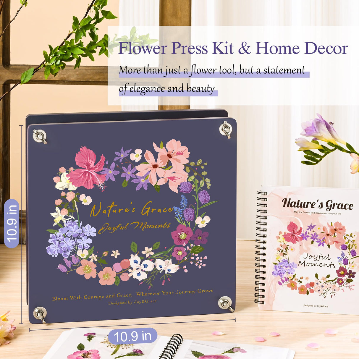 Joy&Grace Flower Press Kit for Adults & Kids, with Designed Cover and DIY Album, 10.9" x 10.9" 10 Layers Flower Preservation Kit, Plant Press and Large Plant Drying Toolkit (Color Box, Purple Navy) Joy&Grace