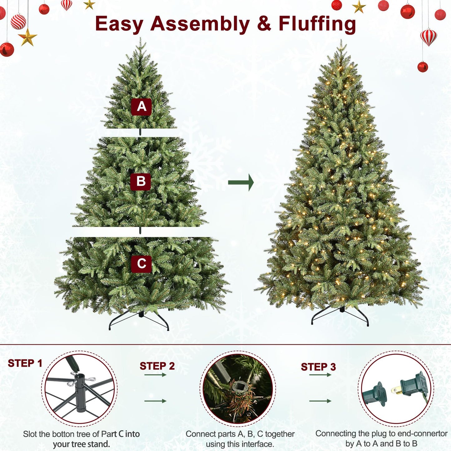 Treepool 5FT Pre-Lit Artificial Christmas Tree with 1014 PE&PVC Mixed Branch Tips, 300 Warm White Lights, Hinged Premium Spruce Fake Xmas Trees, Green, Foldable Base