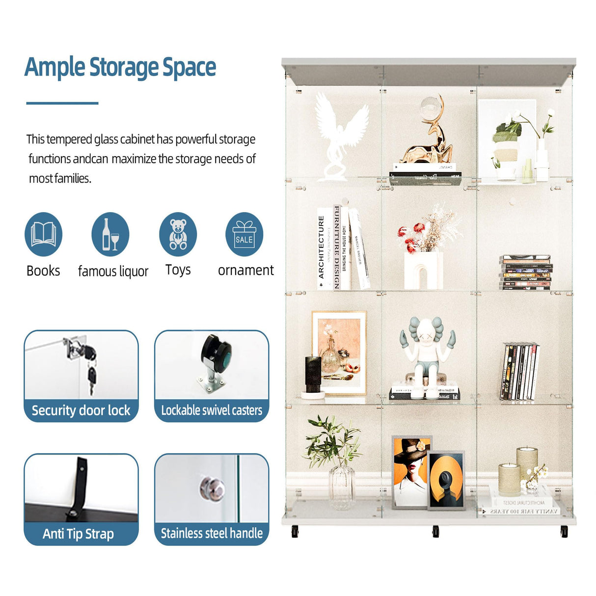 lunhung 3 Column 2 Doors Glass Display Cabinet with LED Lights & Wheels, 4-Shelf Removable Curio Cabinet w/ Lock & Glass Shelves, 65"H Floor Standing Bookshelf Storage Showcase for Living room (White) lunhung