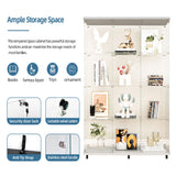 lunhung 3 Column 2 Doors Glass Display Cabinet with LED Lights & Wheels, 4-Shelf Removable Curio Cabinet w/ Lock & Glass Shelves, 65"H Floor Standing Bookshelf Storage Showcase for Living room (White) lunhung