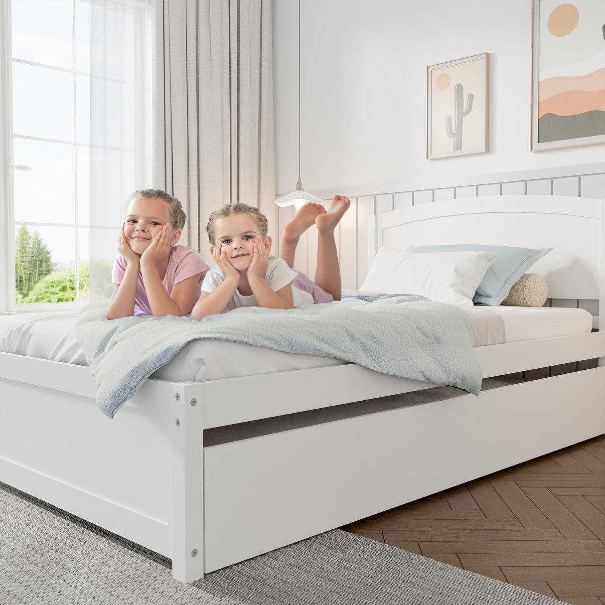 TOLEAD Daybed with Trundle, Twin Size Pull Out Bed, Solid Wood Extendable Day with Trundle Bed Twin, Include Slat Support (White, Trundle) TOLEAD