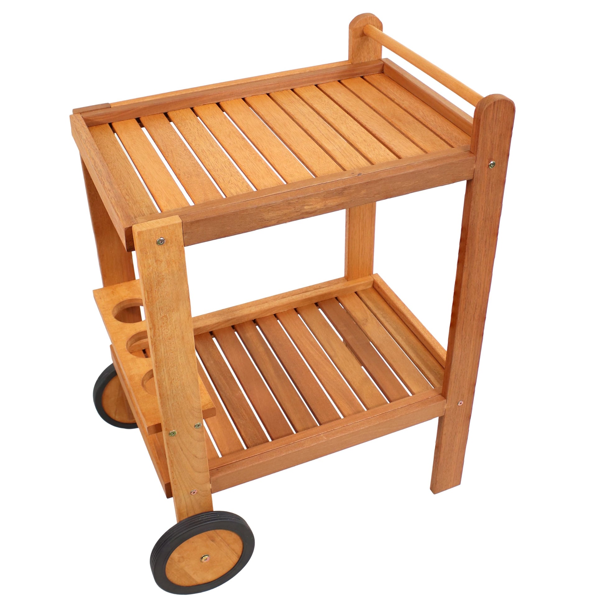 Sunnydaze Indoor/Outdoor Wood Bar Cart with Wheels - Malaysian Hardwood with Teak Oil Finish - 27.5" Wide x 35.5" High - WoodArtSupply