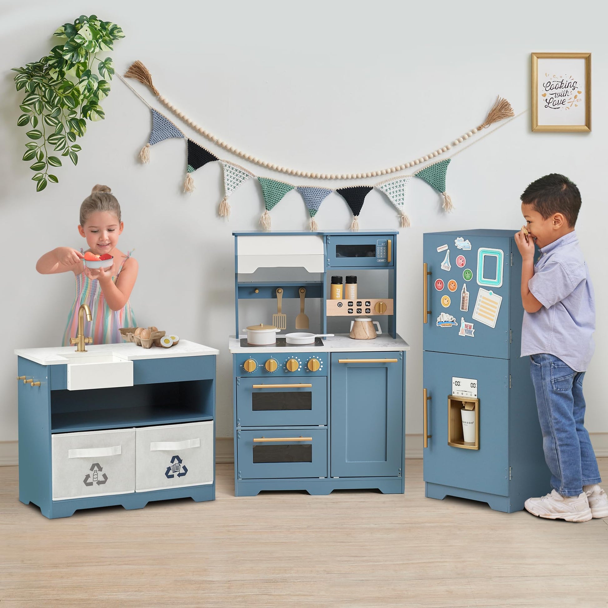 Teamson Kids Little Chef Atlanta Large Modular Wooden Play Kitchen with Interactive, Realistic Features, and 17 Kitchen Accessories, for 3yrs and up, Blue/White/Gold - WoodArtSupply