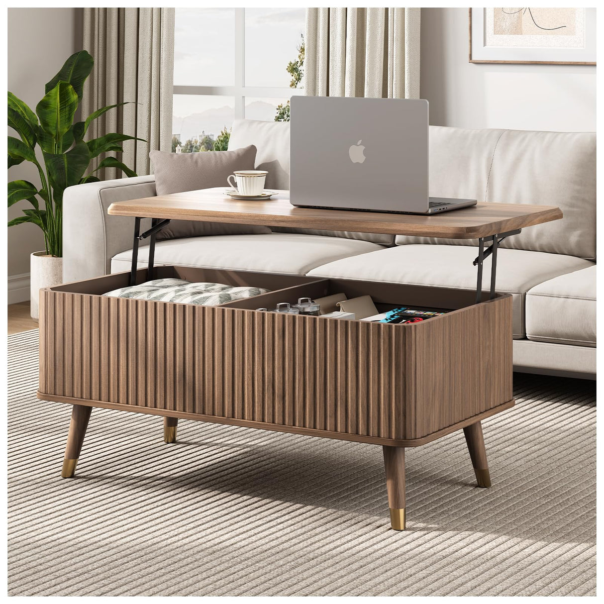 JOINICE Lift Top Coffee Table with Storage, Mid Century Modern Fluted Wood Design,Pop-Up Walnut Center Table with Hidden Compartment for Living Room & Home Office Work/Dining JOINICE