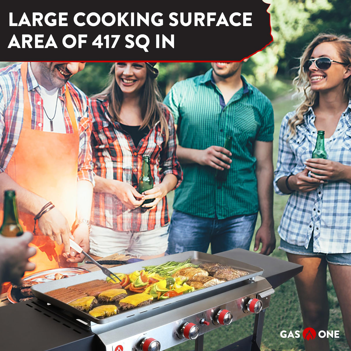 Gas One Flat Top Grill with 4 Burners – Premium Propane Grill with Outdoor Grill Cart – Stainless Steel Auto Ignition Camping Grill Outdoor Griddle – Easy Cleaning Grills Outdoor Cooking Propane Gas One