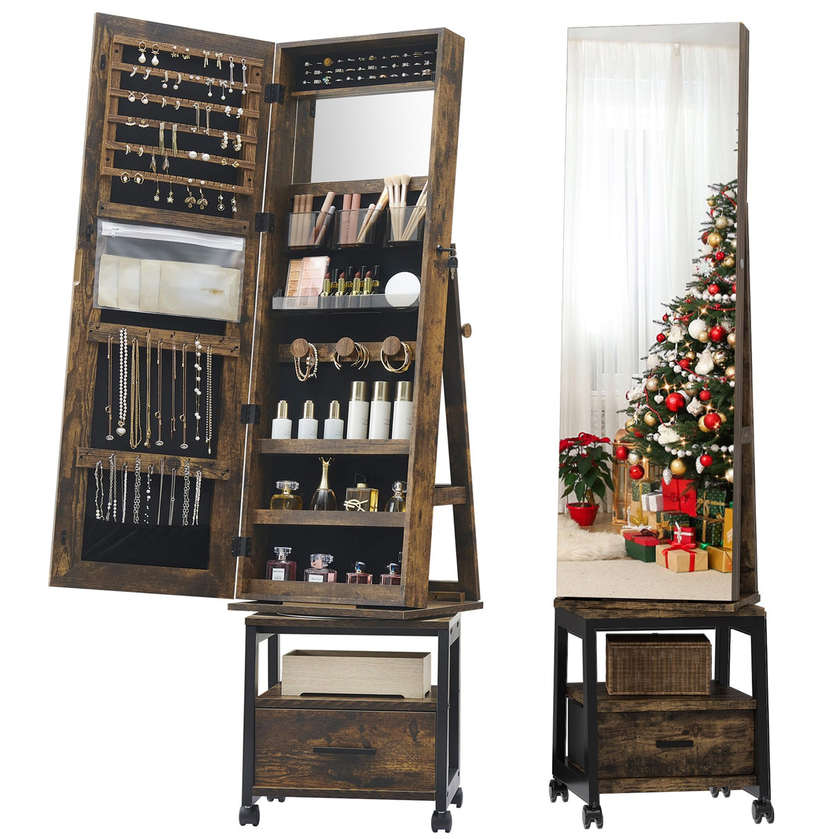 GarveeHome 360° Swivel Jewelry Cabinet, 66'' Freestanding Jewelry Armoire With Bottom Drawer, Lockable Full-Length Mirror With Rear Storage Shelves, Jewelry Armoire Organizer, Retro Brown GarveeHome