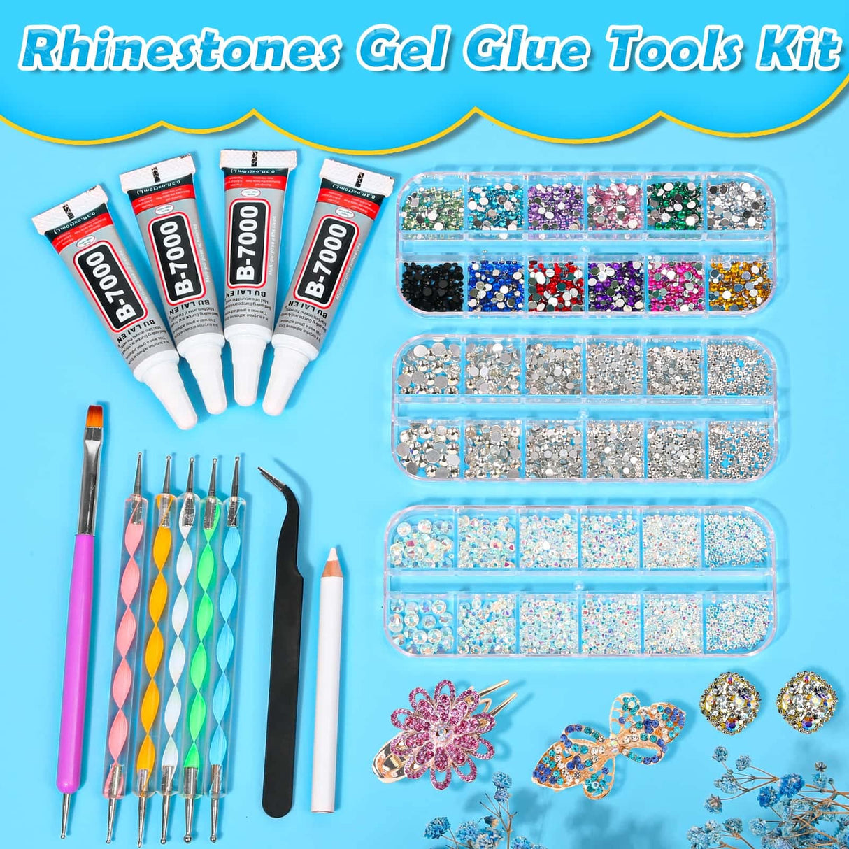 shynek B7000 Jewelry Glue with Rhinestones for Crafts, 6300Pcs Rhinestones with Gems Adhesive for Shoes Cloth Fabric with Picker Pencil for Crafting Diamond Art Graduation Cap Decorations shynek