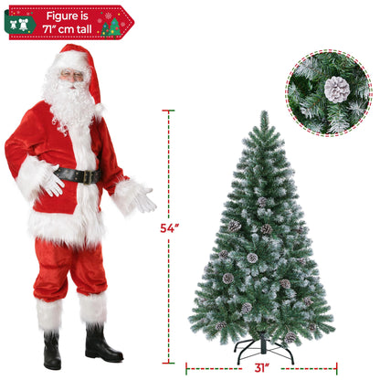 Yaheetech 4.5ft Pre-lit Christmas Tree, Snow Flocked Artificial Christmas Tree with 35 Snow Pinecones & 412 PVC Branch Tips & 150 Warm White Lights, White & Green