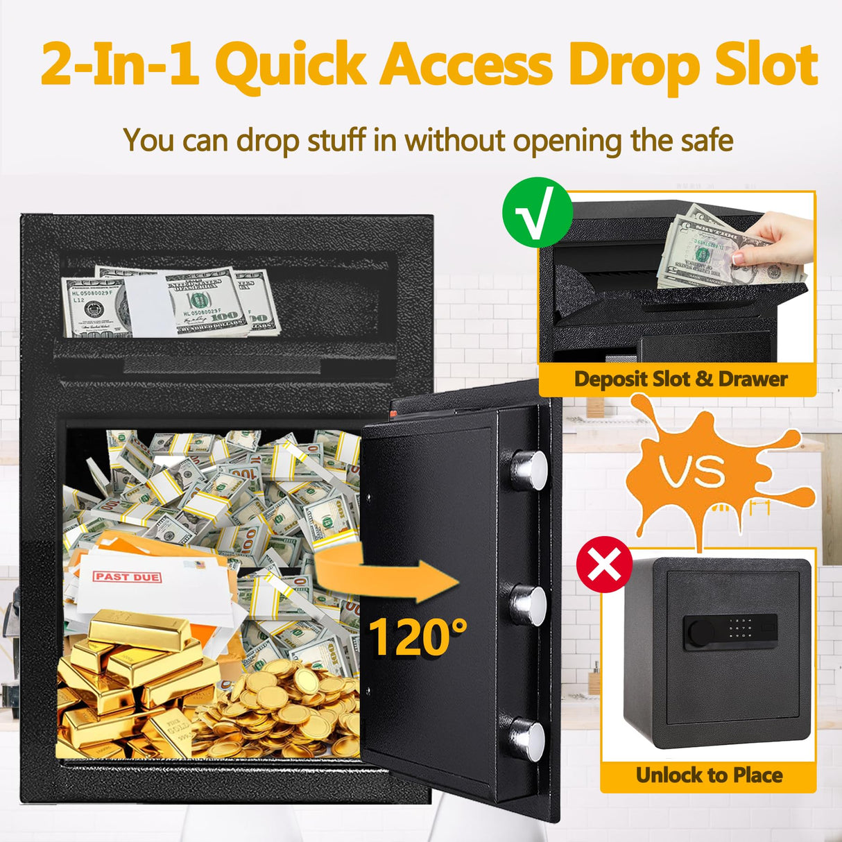 2.6 CUB Depository Drop Safe Fireproof, Front Drop Slot Lock Box with Digital Combination and Anti-Fishing, Silent Deposit Safe Box, Security Money Safe for Cash Slips Expense Business Office Home KAER