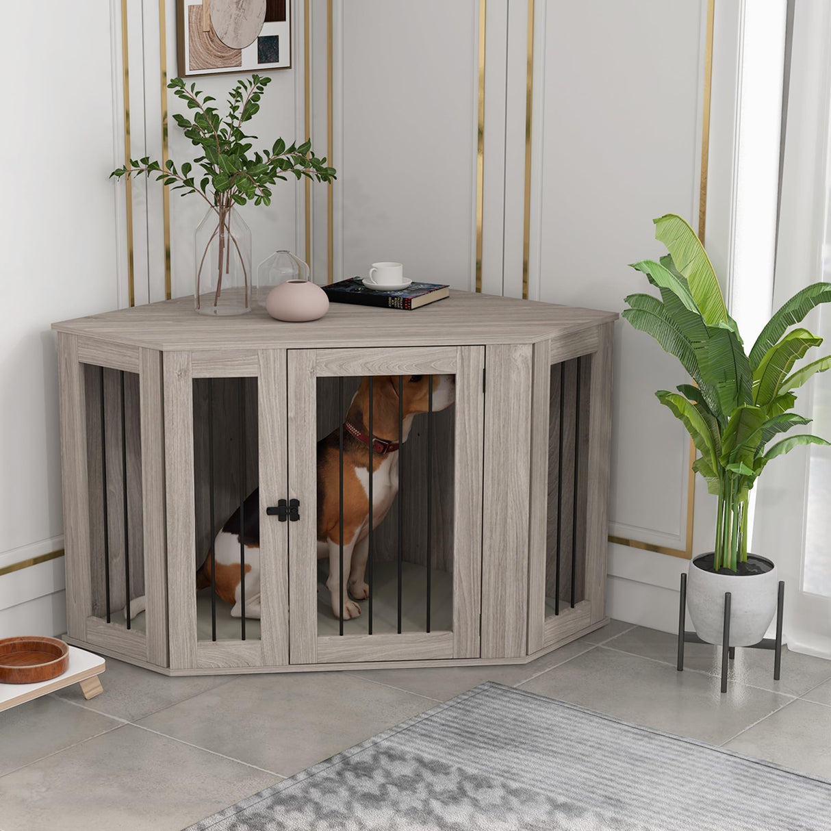 PawHut Corner Dog Crate Furniture, End Table Dog Kennel Furniture with Cushion, Pet Crate for Large-Sized Dog Indoor Use, Walnut Brown PawHut
