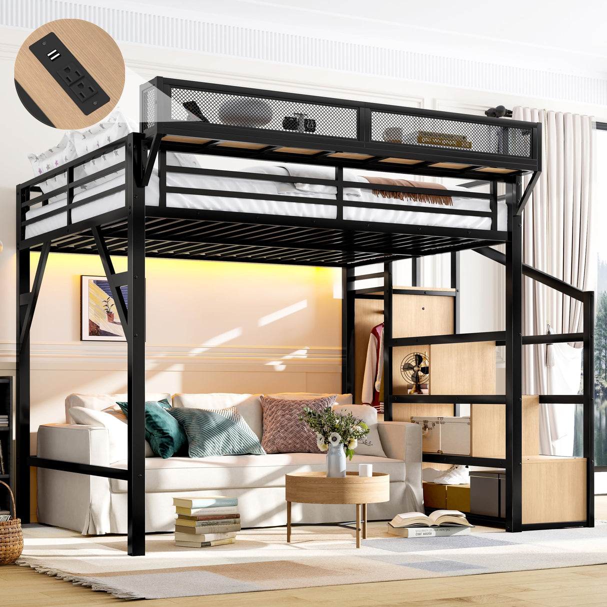 Queen Loft Bed with Stairs and Built-in Wardrobe, Metal Loft Bed Frame with Storage Shelves, Heavy Duty Loft Beds with USB Ports and LED Lights for Adults, Boys, Girls, Teens, Natural Wood Bellemave