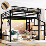 Queen Loft Bed with Stairs and Built-in Wardrobe, Metal Loft Bed Frame with Storage Shelves, Heavy Duty Loft Beds with USB Ports and LED Lights for Adults, Boys, Girls, Teens, Natural Wood Bellemave