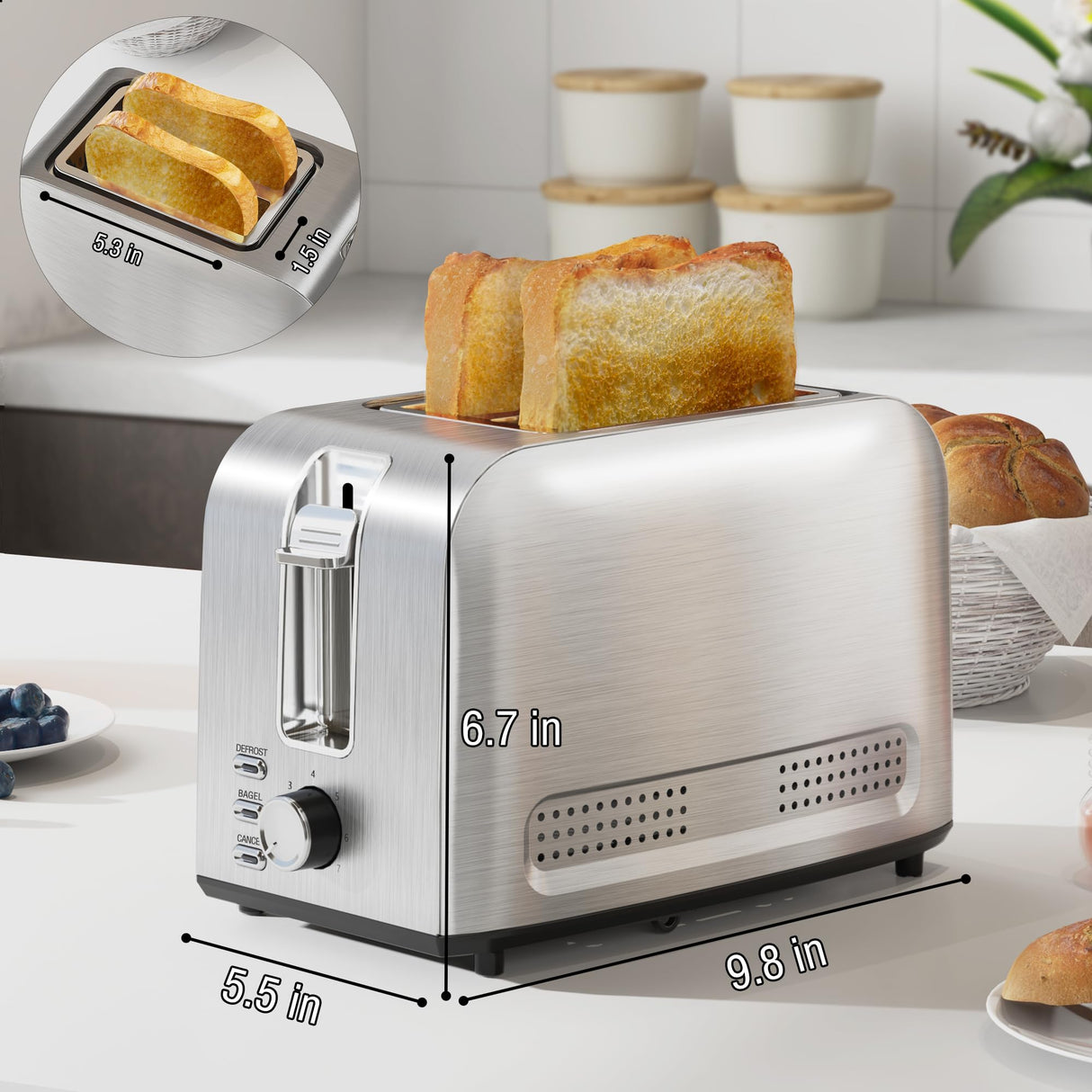 Runnatal 2 Slice Toaster, 100% Stainless Steel, Wide Slot Toaster Multifunctional with 7 Toast Settings, Defrost, BAGEL, Cancel Functions, Easy to Operate and Clean 120V 800W Silver Metallic Runnatal