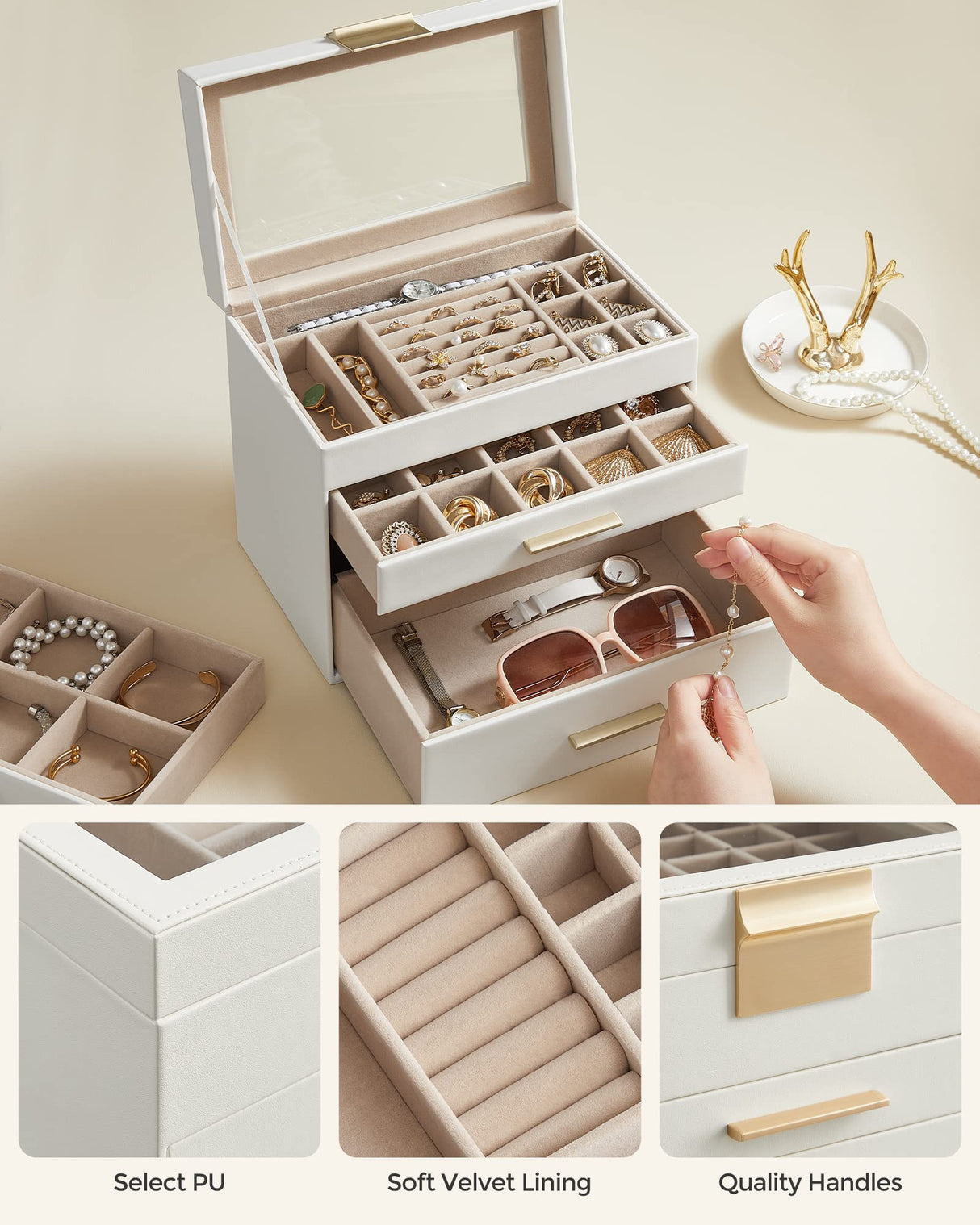 SONGMICS Jewelry Box Organizer with Glass Lid, 4-Layer Jewelry Storage, with 3 Drawers, Modern Style, 6 x 9.9 x 8.5 Inches, Cloud White and Gold Color UJBC161W01 SONGMICS