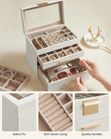 SONGMICS Jewelry Box Organizer with Glass Lid, 4-Layer Jewelry Storage, with 3 Drawers, Modern Style, 6 x 9.9 x 8.5 Inches, Cloud White and Gold Color UJBC161W01 SONGMICS