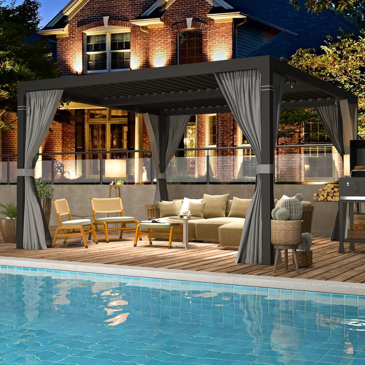 EROMMY Louvered Pergola 10' x 10' Outdoor Hard Top Pergola with Aluminum Frame and Adjustable Metal Rainproof Roof for Garden & Patio, Curtains and Netting Included, Gray-Black EROMMY