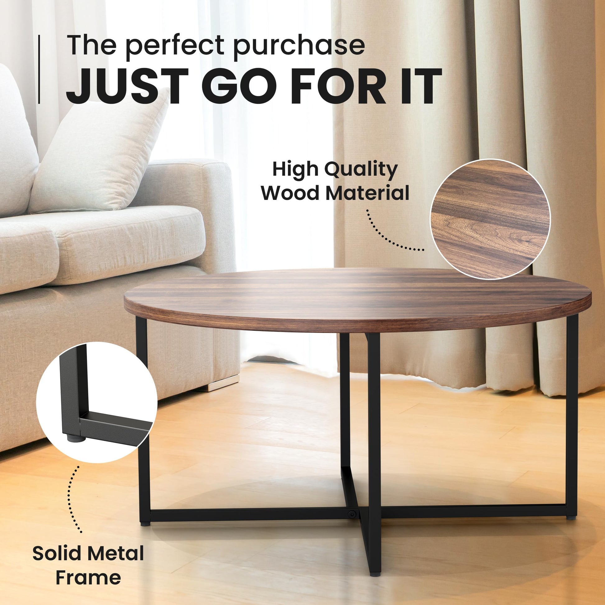 Our Modern Space Round Coffee Table for Living Room | Circular Wooden Top and Metal Frame - Rustic Brown - WoodArtSupply