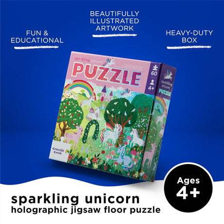 Crocodile Creek 60-Piece Holographic Foil Floor Puzzle for Kids Ages 4-8 and Up - Heavy-Duty Box for Storage - Sparkling Unicorn - 14” x 19” Finished Crocodile Creek