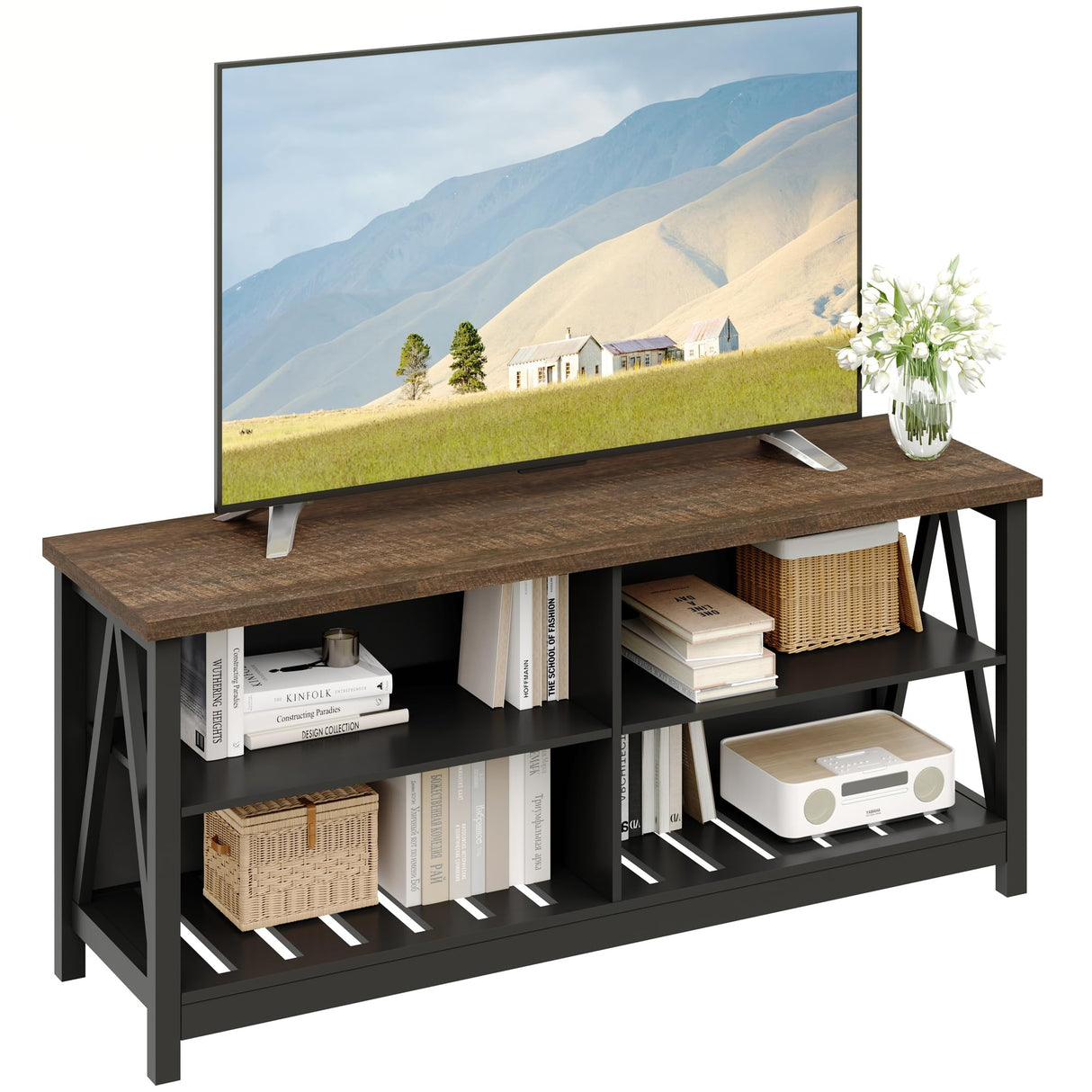 ChooChoo Farmhouse TV Stand for TVs up to 55 Inch, Modern Entertainment Center with 4 Open Shelves & Built-in Cable Holes, Media TV Console for Living Room, Bedroom, Black ChooChoo