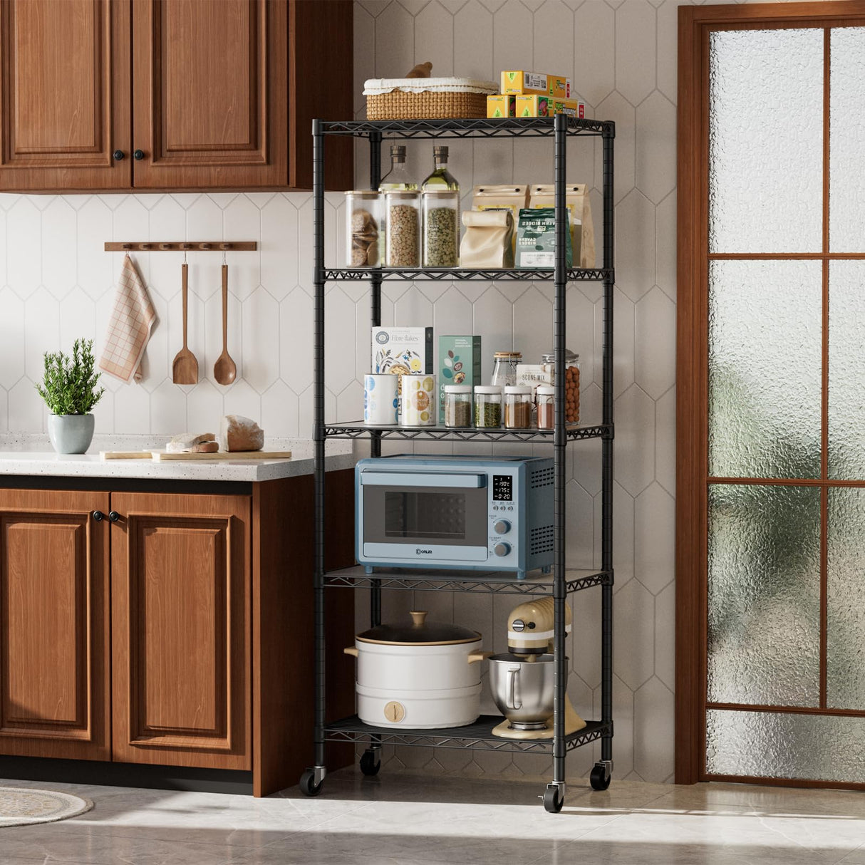 Golpart 5 Tier Shelves Storage Shelf Wire Closet Bathroom Organizers Metal Pantry Kitchen Garage Shelving Unit Laundry Room Organization Home Rack Net Basket Black with Wheels 14”D X 24”W X 61”H Golpart