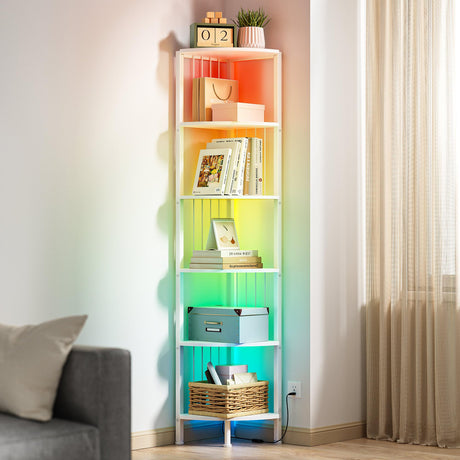 MonaSixy 6 Tier Corner Shelf with Light, Music Synic 60000 DIY LED Color Smart Remote Tall Display Shelves Corner Shelf Stand Bookshelf Wood Rack Metal Frame for Living Game Room Bedroom, White MonaSixy