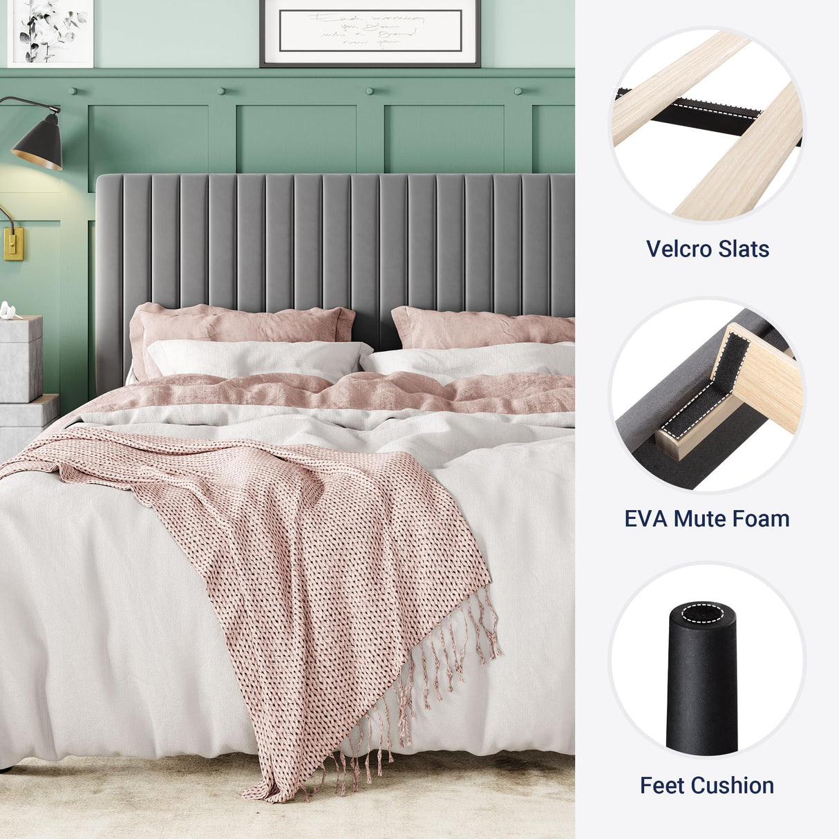 Allewie Full Bed Frame, Velvet Upholstered Platform Bed with Adjustable Vertical Channel Tufted Headboard, Mattress Foundation with Strong Wooden Slats, Box Spring Optional, Easy Assembly, Grey Allewie