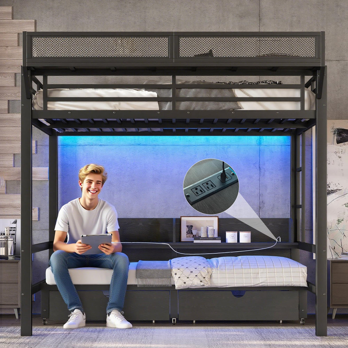 Full over Full Bunk Bed with Storage Shelves and Drawers, Metal Bunk Beds with Lights and USB Ports, Lower Bunkbed Can be Converted, for Guest Room, Bedroom, Dorms, Muti-function and Noise-Free, Black Bellemave