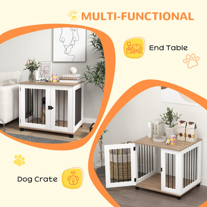 PawHut Dog Crate Furniture, Side Table Indoor Dog Kennel, End Table with Lockable Door for Small and Medium Dogs, Walnut Brown - WoodArtSupply