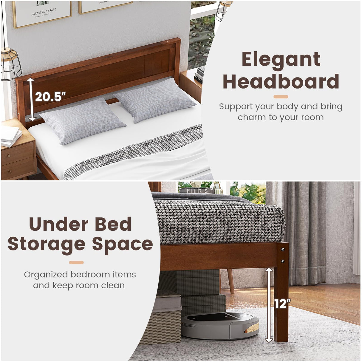 KOMFOTT Full Size Wood Platform Bed Frame with Headboard, Solid Wood Bed Frame with Slat Support, 7-Leg Support, Under Bed Storage, 16-Inch Mattress Foundation Bedroom Furniture, No Box Spring Needed KOMFOTT