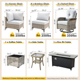 Outdoor Sectional Patio Furniture Set with Fire Pit Table and Swivel Rocking Chairs,11 Pieces Wicker Conversation Sets L Shaped Couch Out Door Sofa Outside Furniture for Garden Deck Yard,Grey POUUIN