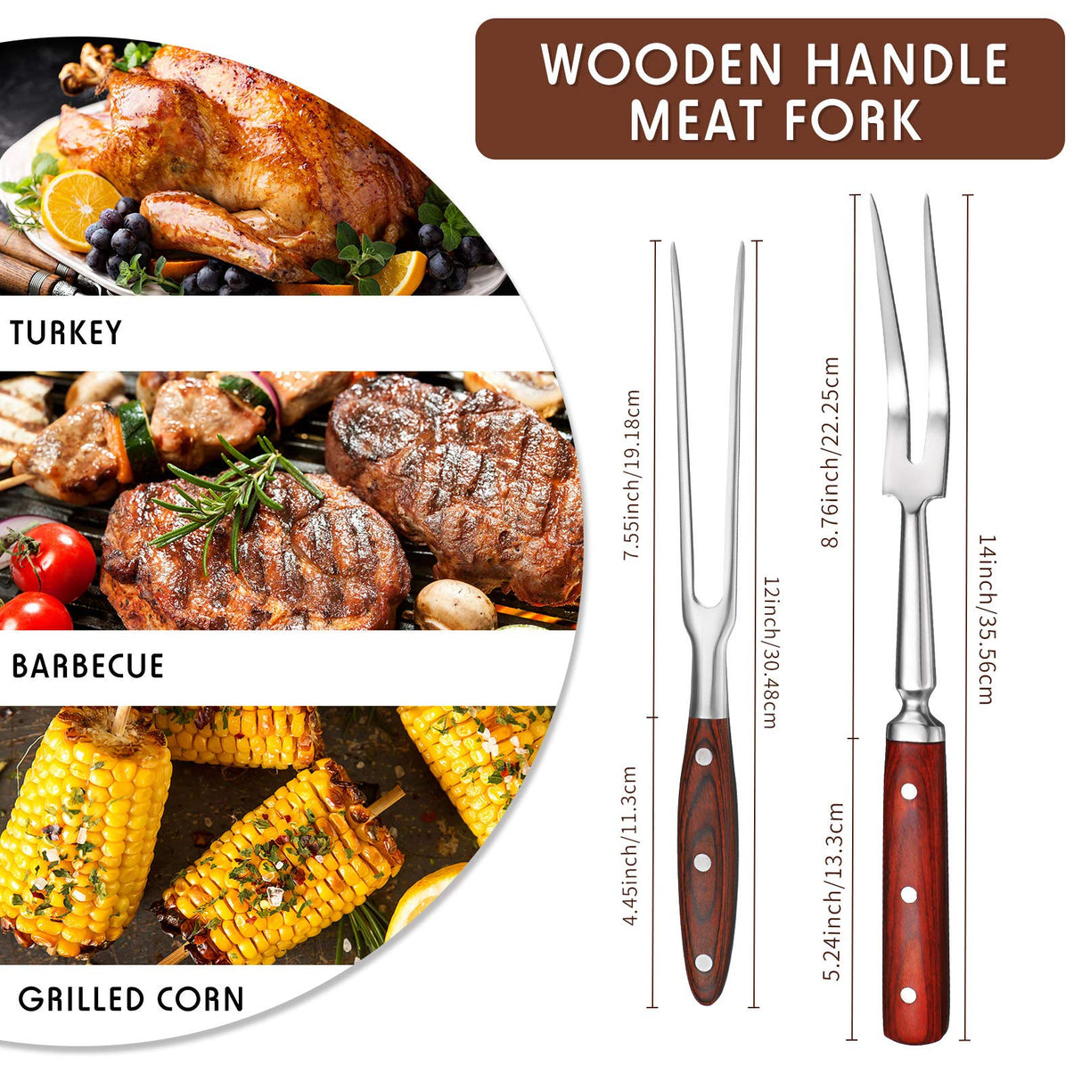 Patelai 2 Pcs Carving Meat Forks 12 in and 14 in Stainless Steel Serving Grilling Beef Forks with Wooden Handle for Kitchen Large Cooking Forged Set for Home Family Party Roast BBQ Accessories tools Patelai