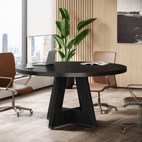 Tribesigns 47-Inch Round Conference Table for 4-6 People, Wooden Meeting Room Table with Thicken Tabletop and Wood Base (Black) Tribesigns