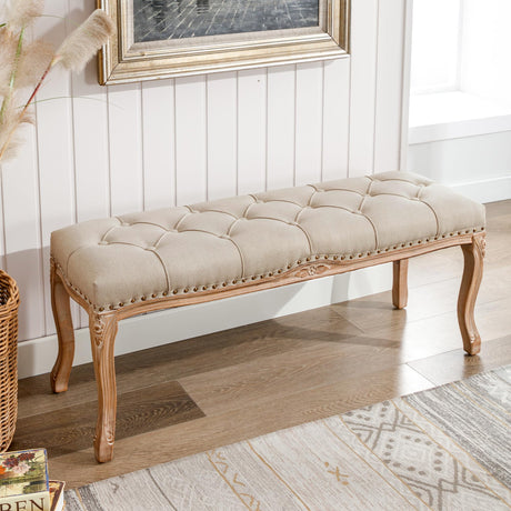Cozyman Bedroom Bench, French Vintage Tufted Entryway Bench, 45.2" Carving Upholstered End of Bed Bench with Distressed Wood Legs, Linen Ottoman Bench Seat for Living Room, Dining Room, Linen Color Cozyman