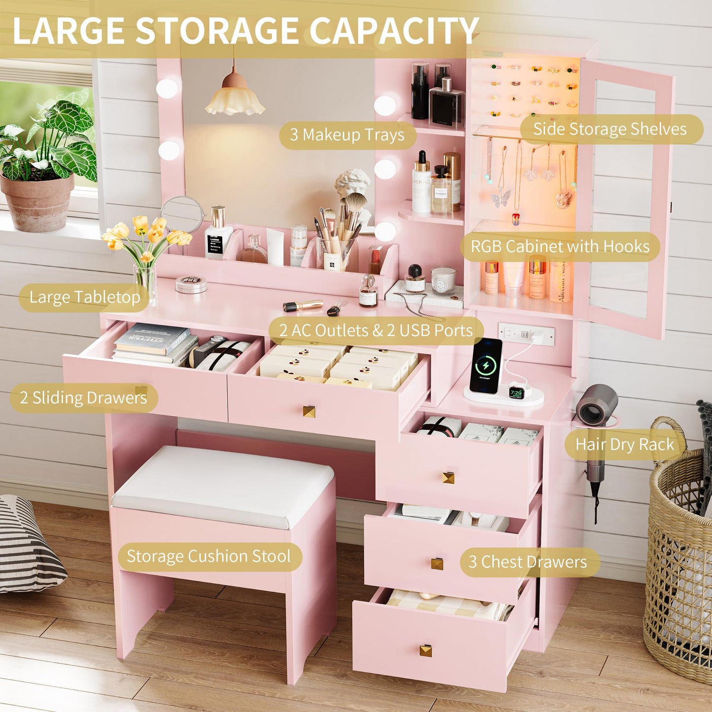 Vanity Desk with Mirror and Lights, Makeup Vanity Table Set with 5 Storage Drawers, Power Outlet & Chair, Small Dressing Table with RGB Ambient Light, Adjustable Brightness for Girls Bedroom, Pink