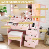 Vanity Desk with Mirror and Lights, Makeup Vanity Table Set with 5 Storage Drawers, Power Outlet & Chair, Small Dressing Table with RGB Ambient Light, Adjustable Brightness for Girls Bedroom, Pink Xixini