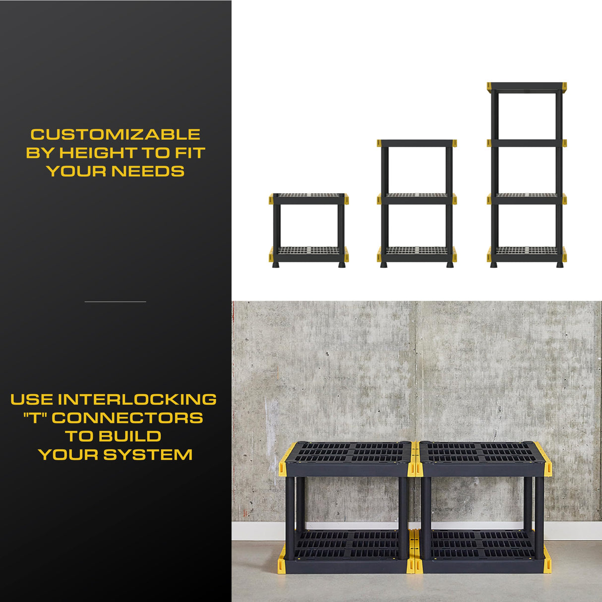 BLACK & YELLOW 4-Tier Heavy Duty Plastic Storage Shelving Unit, 100lbs/shelf (55" x 24" x 20"), for Indoor/Outdoor Organization, Modular Rack, Extremely Durable, Made in The USA [2 Pack] BLACK & YELLOW