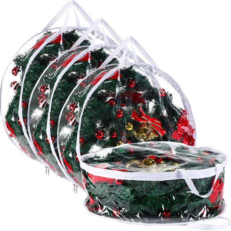Shappy 4 Pieces Clear Christmas Wreath Storage Container 24 Inches Xmas Wreath Storage Bag Plastic Christmas Garland Container with Dual Zippers and Reinforced Handles for Xmas Seasonal (Clear) Shappy