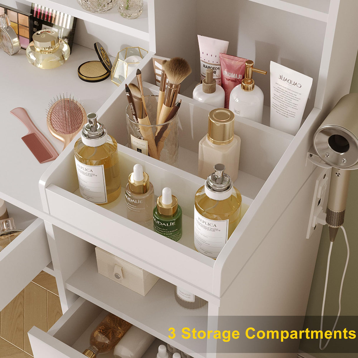 Vabches Vanity with Round Mirror and Lights,39 Inch Makeup Vanity Table with 3 Storage Compartments&Drawers,White Vanity with Glass Door Cabinet&Power Strip,Dressing Table for Bedroom Vabches